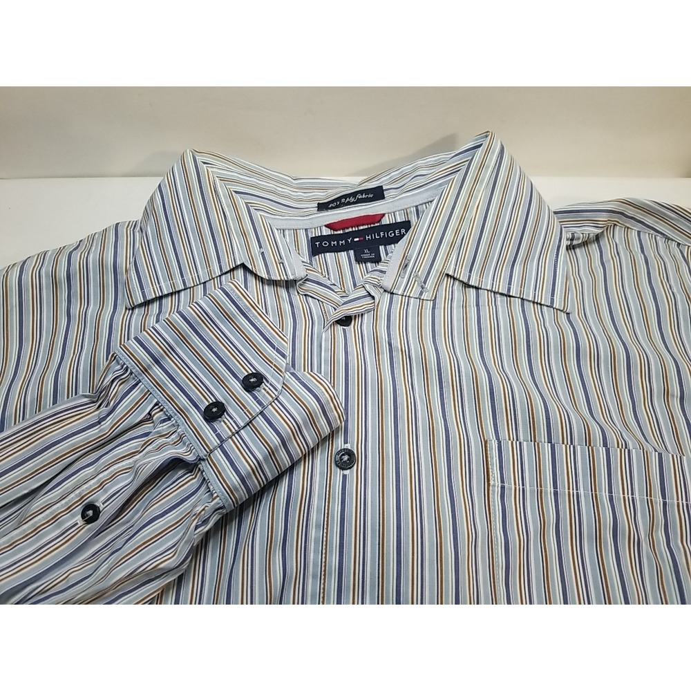 Tommy Hilfiger Mens XL 80s 2 Ply Long Sleeve Striped‎ Button Down Shirt
